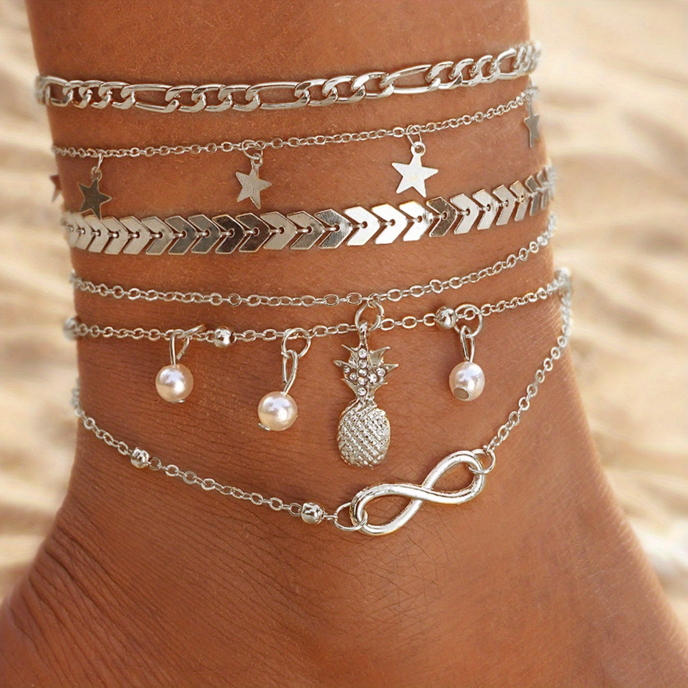 Vintage Golden Pineapple Faux Pearl Charm Anklet 5pcs/Set