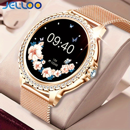 JELLOO Women'S Fashion Smart Watch - 3.35cm HD Full Touch Screen, Wireless Calls, IP68, Rechargeable Lithium Battery, Rose Golden & Pearl Accents, Perfect for iPhone & Android, Stylish Accessory|Rose Golden Watch|Lithium Batt