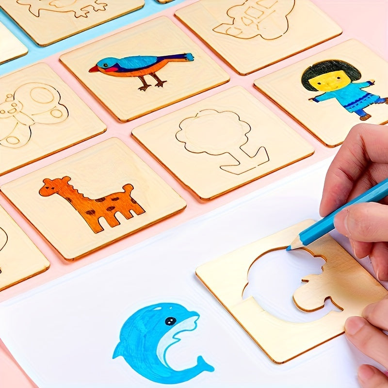 20pcs Wooden Drawing Stencils Kit, Drawing Board Toys Coloring Puzzle Arts Crafts Set, Educational Toys halloween christmas gift