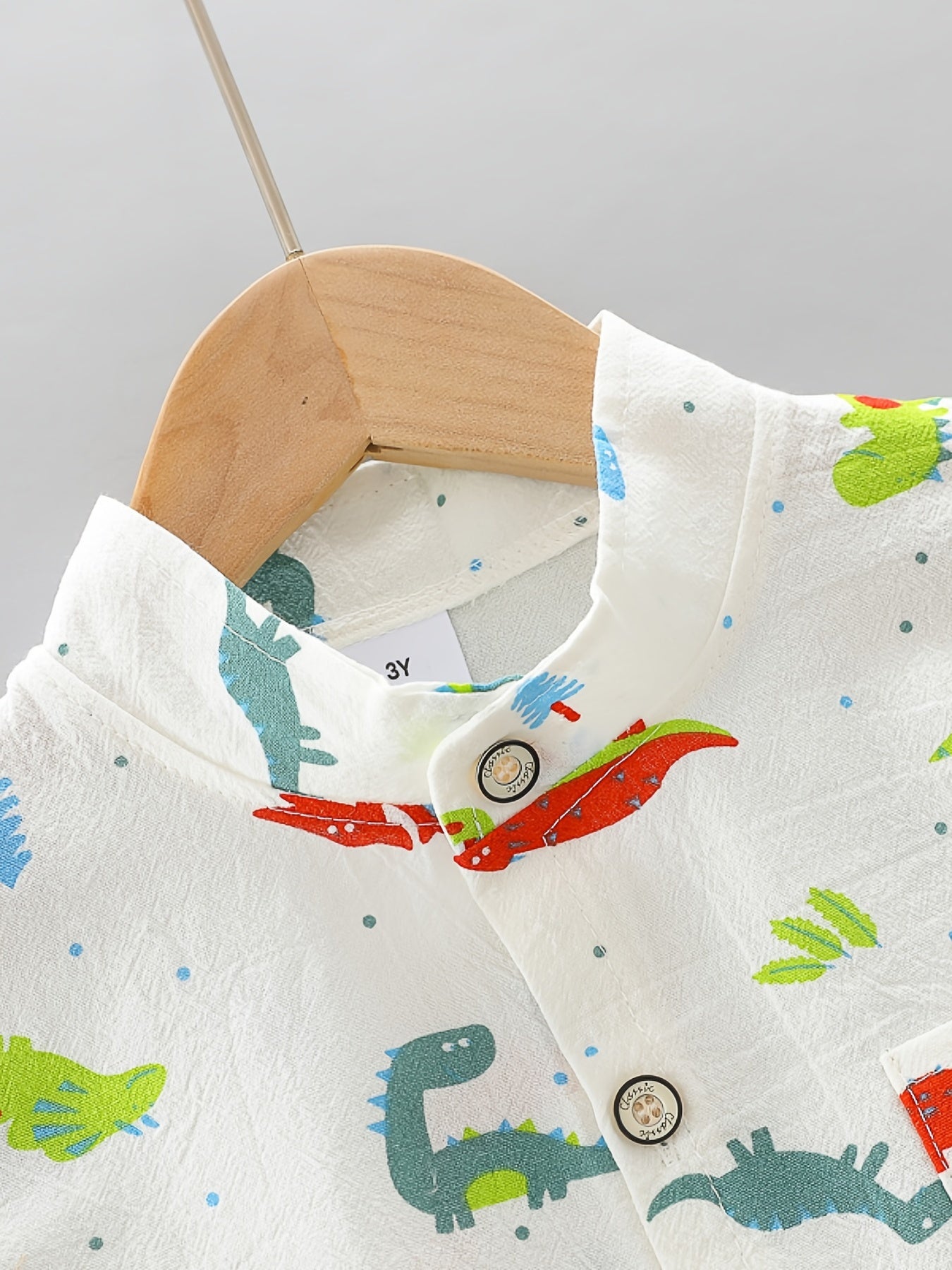 2pcs Toddler Dinosaur Print Short Sleeve Shirt & Shorts Set - Boys Summer Clothes, Elastic Waist, Button Front, Short Sets