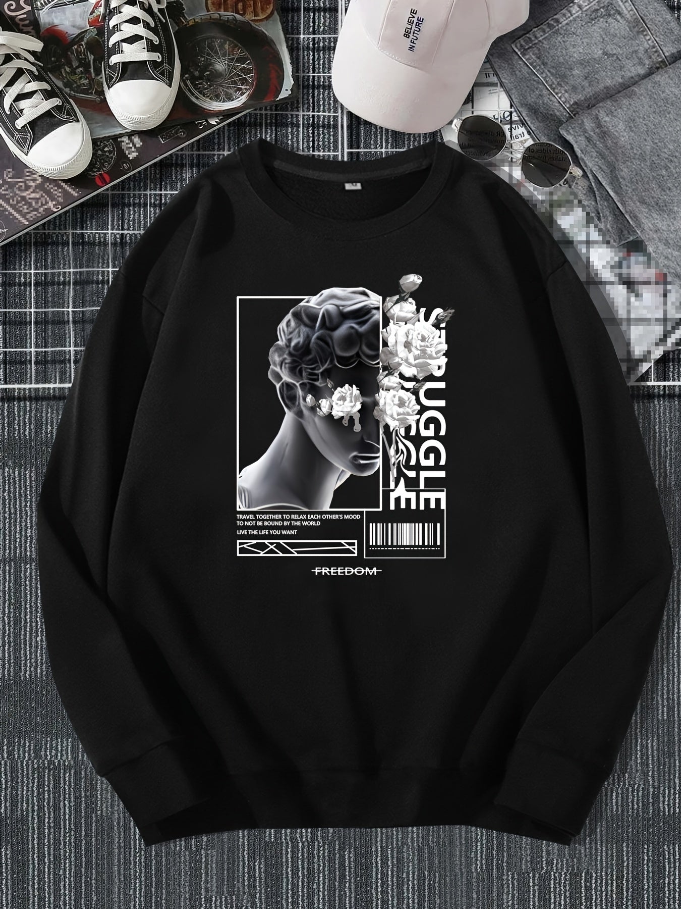 Men And Roses Print, Men's Casual Hoodie, Drawstring Pocket Hoodie