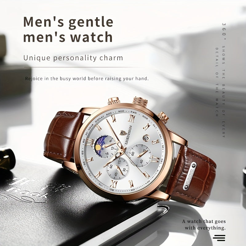 [LIGE Luxury Men Watch] LIGE Luxury Men Watch - PU Leather Chronograph Sport Quartz Wristwatch for Men - Christmas Gift
