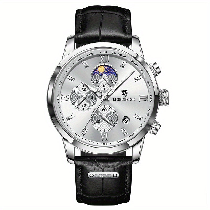 [LIGE Luxury Men Watch] LIGE Luxury Men Watch - PU Leather Chronograph Sport Quartz Wristwatch for Men - Christmas Gift
