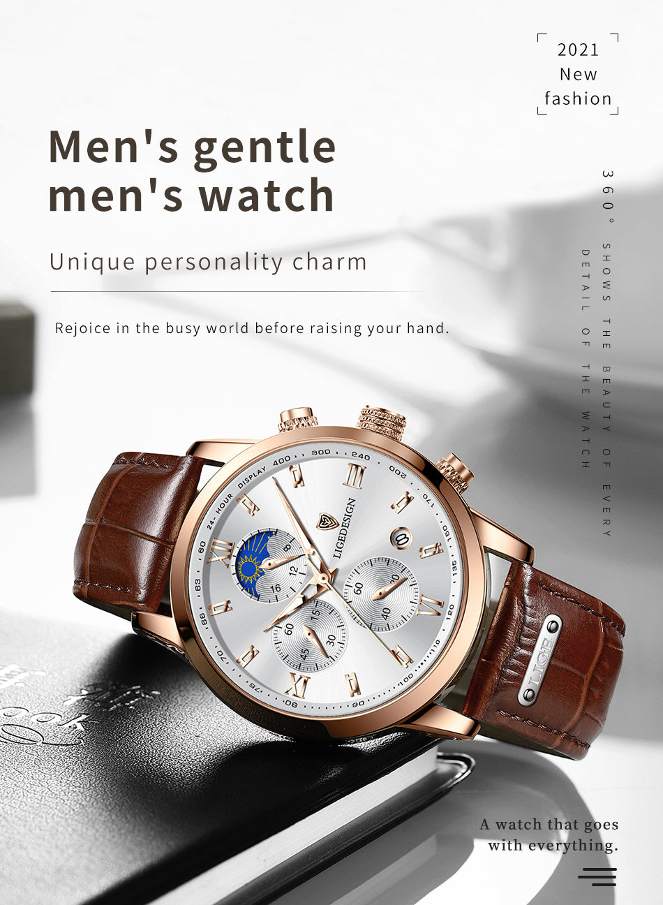 [LIGE Luxury Men Watch] LIGE Luxury Men Watch - PU Leather Chronograph Sport Quartz Wristwatch for Men - Christmas Gift