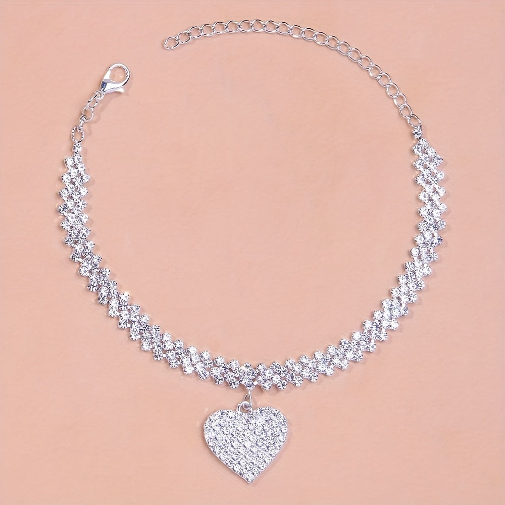Rhombus Heart Anklet Set - Double Layer Rhinestone, Bling Bling Chain, Love Heart Pendant, Adjustable Ankle Bracelet, Fashion Jewelry for Women, Gift Idea, Perfect for Any Occasion