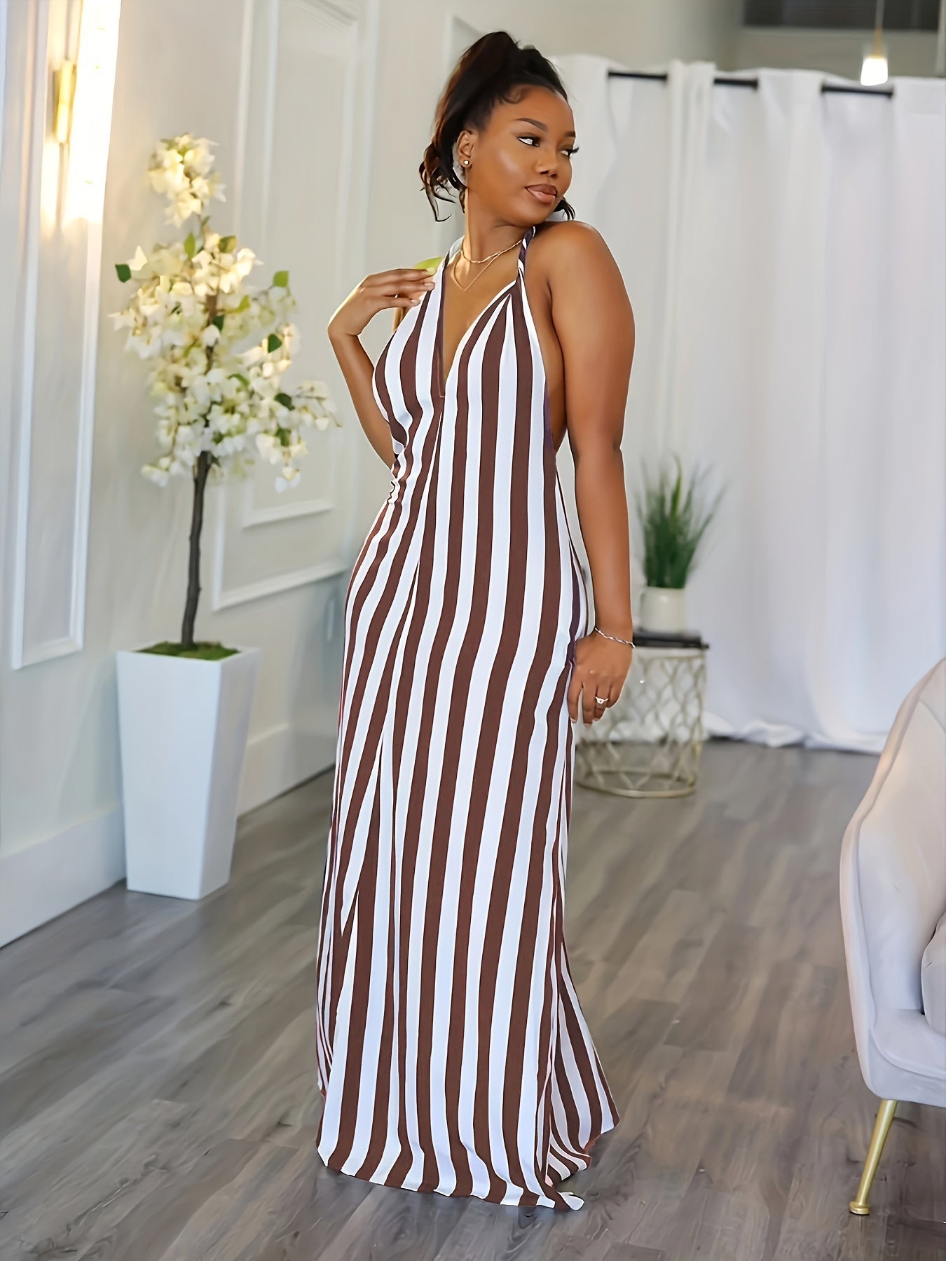 Vibrant Striped Halter Dress - Flattering V-Neck, Daring Backless Design, Chic Halter Neck Style, Perfect for Warm Weather - Womens Fashion Apparel, Stylish Clothing for Ladies, Spring and Summer Essential