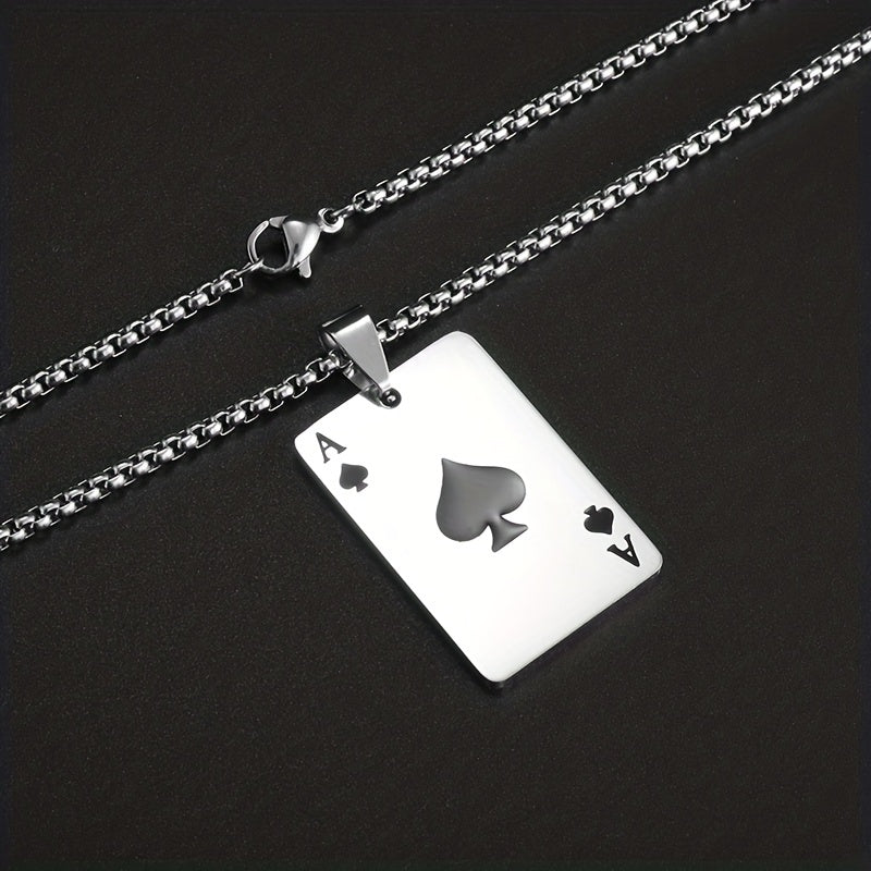1pc Unique Men's Stainless Steel Chain Necklace with Intricately Designed Playing Cards Pendant - Fashionable Accessory for Men - Durable and Water-Resistant Jewelry