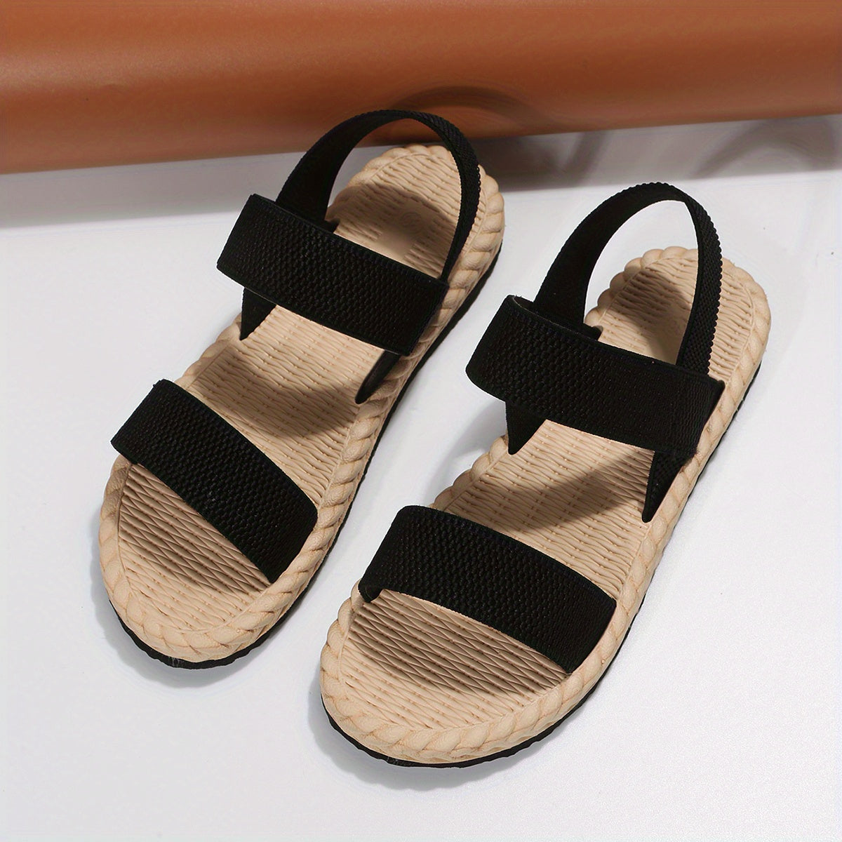 Womens Elastic Ankle Strap Flat Sandals - Vibrant Solid Colors, Open Toe Design, Slip On Closure, Faux Espadrille Upper - Perfect for Outdoor Activities and Beach Trips, Designed for the Modern Woman