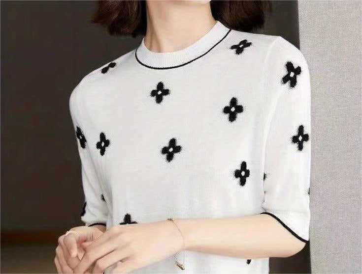 Valentine's Day Floral Print Knit Sweater, Casual Crew Neck Half Sleeve Sweater For Spring & Summer, Women's Clothing