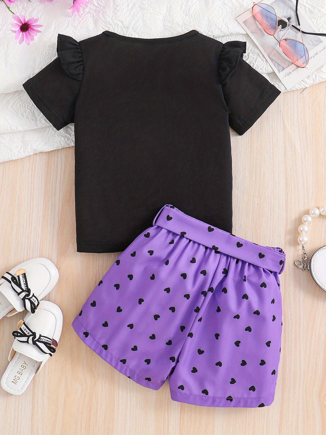 Summer Casual Round Neck Short Sleeve Printed Cat Pattern and Heart-Print Shor, Summer Outfit, Fashion, Cute Design, Playful Pattern, Soft Texture, Durable Clothing, 's Apparel, Little, 's Wear, Perfect for Outdoor