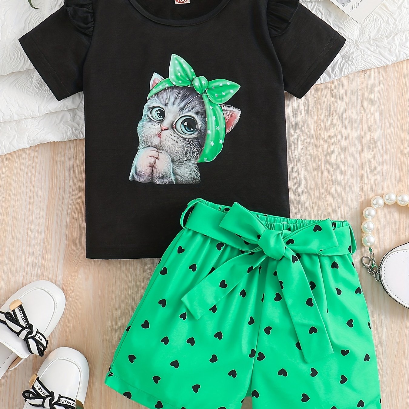 Summer Casual Round Neck Short Sleeve Printed Cat Pattern and Heart-Print Shor, Summer Outfit, Fashion, Cute Design, Playful Pattern, Soft Texture, Durable Clothing, 's Apparel, Little, 's Wear, Perfect for Outdoor