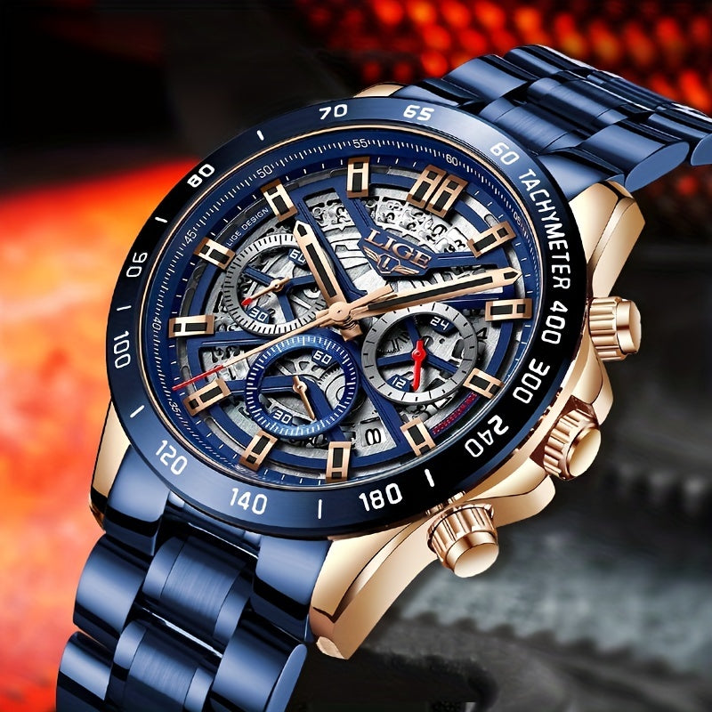 LIGE Watch For Men Top Brand Luxury Men Watch Fashion Business Sports Quartz Chronograph Wristwatches Hollowed Out Chronograph Watch