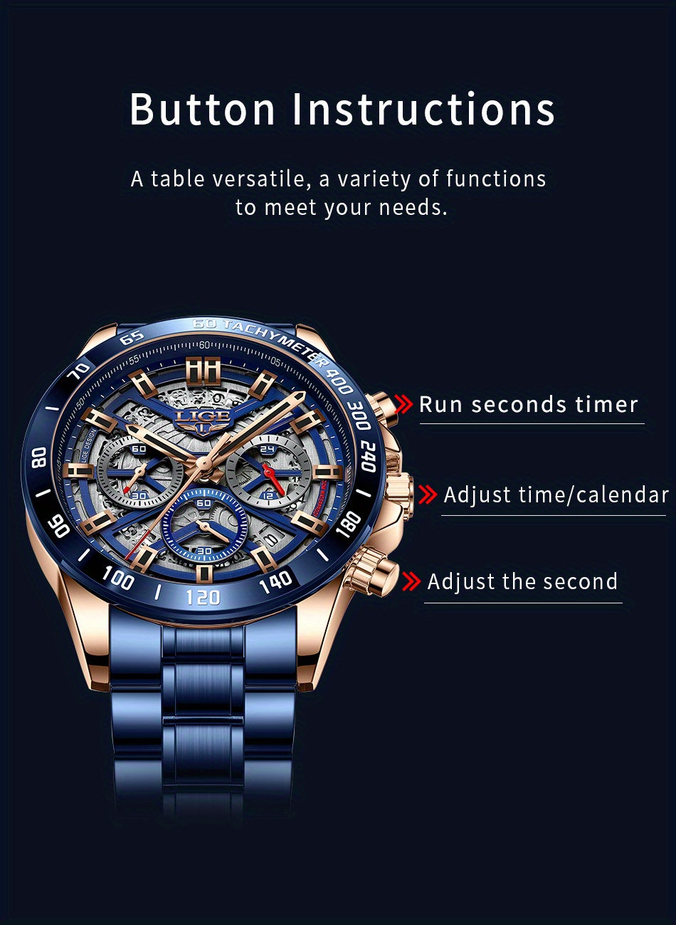 LIGE Watch For Men Top Brand Luxury Men Watch Fashion Business Sports Quartz Chronograph Wristwatches Hollowed Out Chronograph Watch