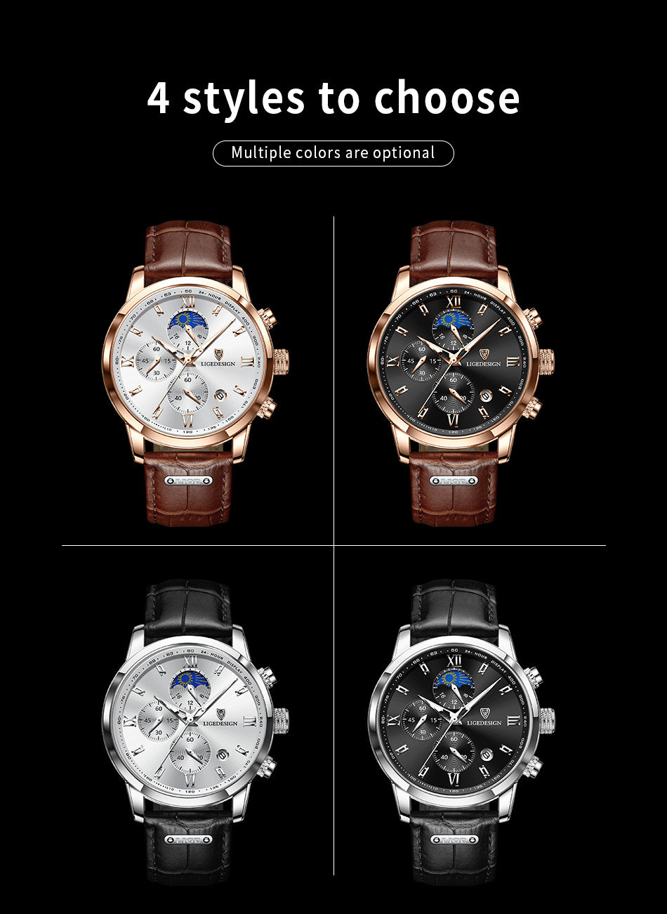 [LIGE Luxury Men Watch] LIGE Luxury Men Watch - PU Leather Chronograph Sport Quartz Wristwatch for Men - Christmas Gift