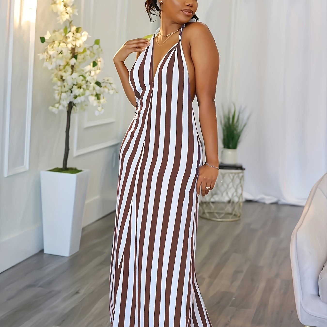 Vibrant Striped Halter Dress - Flattering V-Neck, Daring Backless Design, Chic Halter Neck Style, Perfect for Warm Weather - Womens Fashion Apparel, Stylish Clothing for Ladies, Spring and Summer Essential