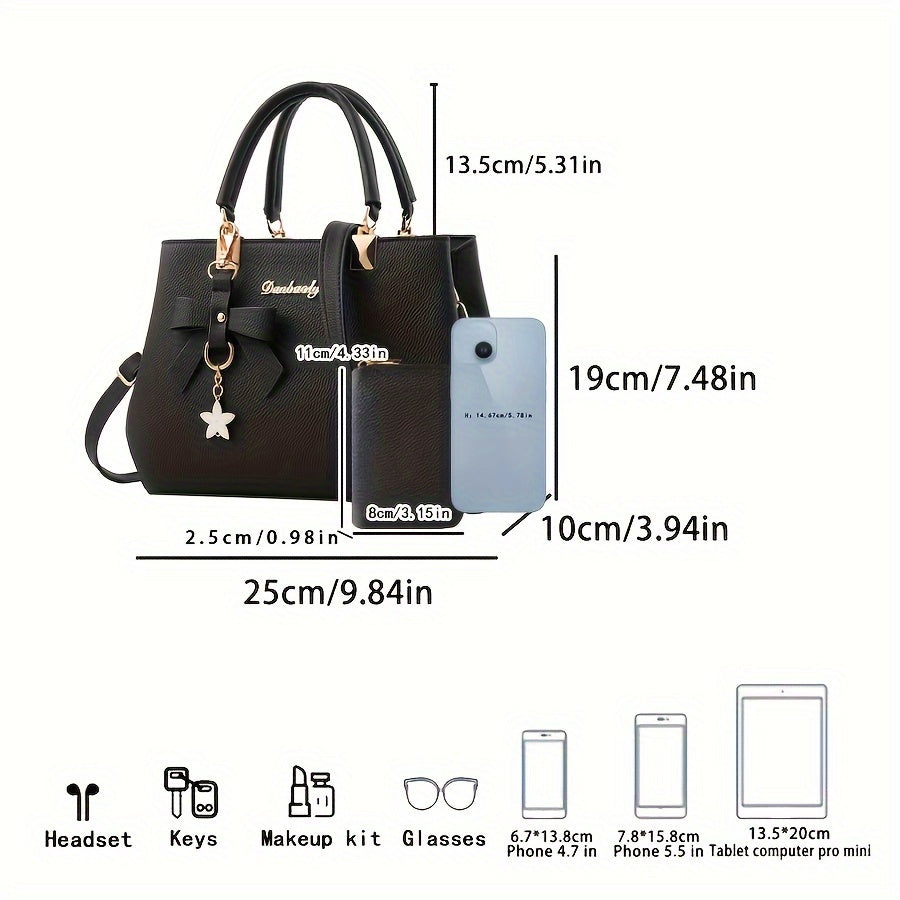 Chic Bow Decor Crossbody Bag for Women - Versatile Top Handle Satchel with Coin Purse, Adjustable Strap, and Zip Closure - Available in Khaki, Dark Pink, Light Blue, Black - Synthetic Material with Acrylic Lining, Cute Handba