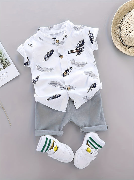 2pcs Baby Boys Casual Feather Pattern Short Sleeve Shirt & Shorts Set Clothes Outdoor Set