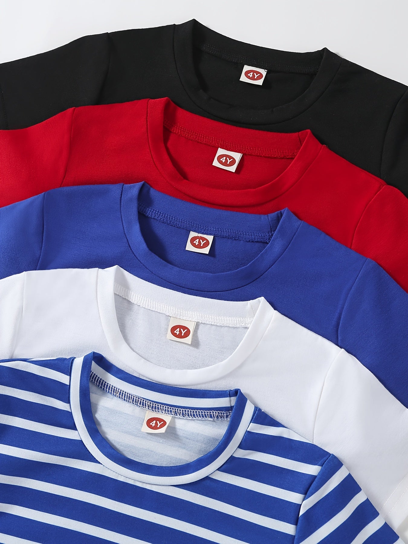 [Soft | Comfortable] 5pcs Soft & Comfortable Solid Color & Striped Round Neck T-shirt Tees Tops | Casual Boys And Girls Summer Clothes