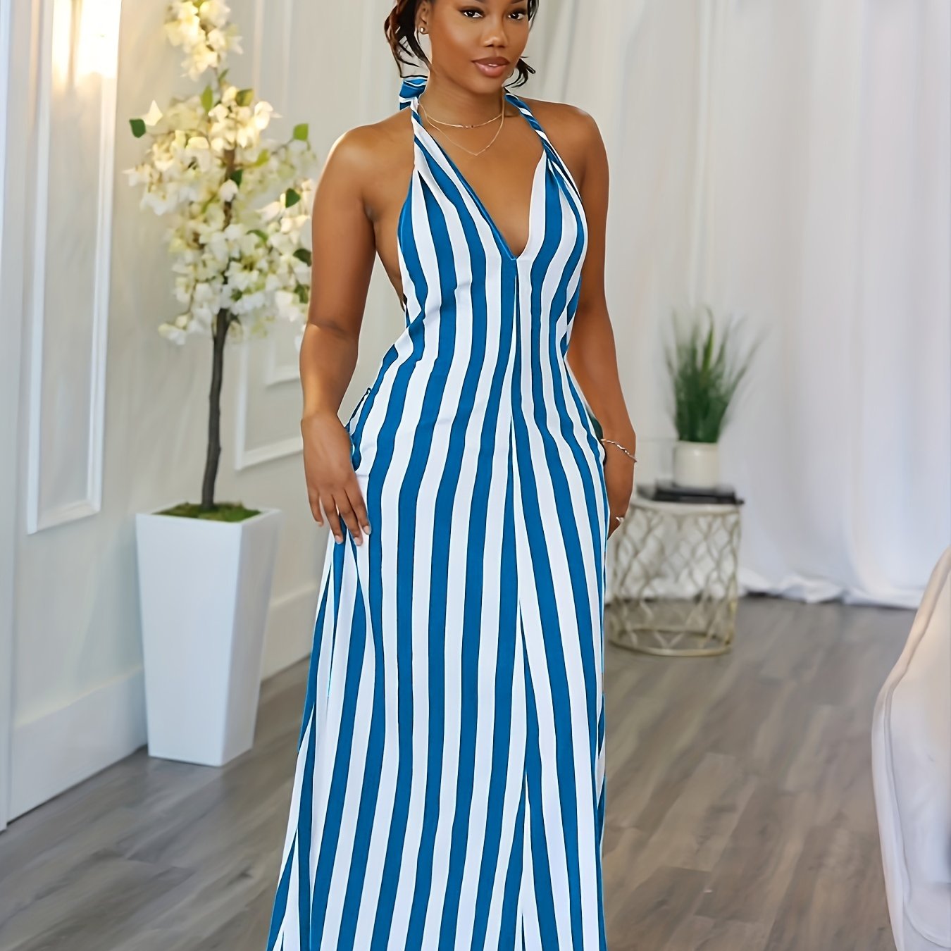 Vibrant Striped Halter Dress - Flattering V-Neck, Daring Backless Design, Chic Halter Neck Style, Perfect for Warm Weather - Womens Fashion Apparel, Stylish Clothing for Ladies, Spring and Summer Essential