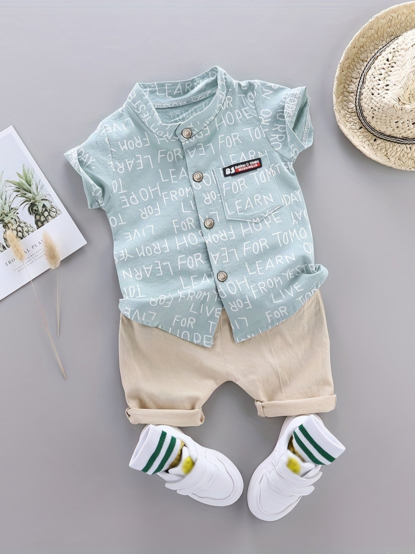 2pcs Toddler Dinosaur Print Short Sleeve Shirt & Shorts Set - Boys Summer Clothes, Elastic Waist, Button Front, Short Sets