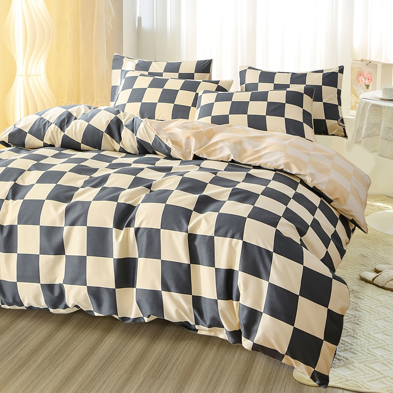 3pcs Checkered Duvet Cover Set, Bedding Set For Bedroom, Guest Room (1*Duvet Cover + 2*Pillowcases, Without Core)