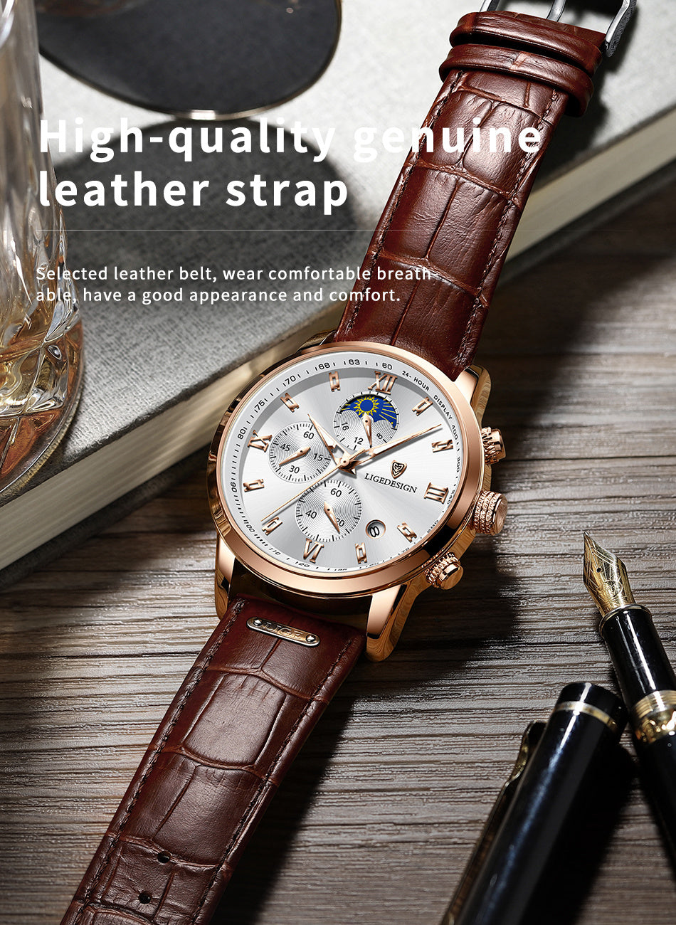 [LIGE Luxury Men Watch] LIGE Luxury Men Watch - PU Leather Chronograph Sport Quartz Wristwatch for Men - Christmas Gift