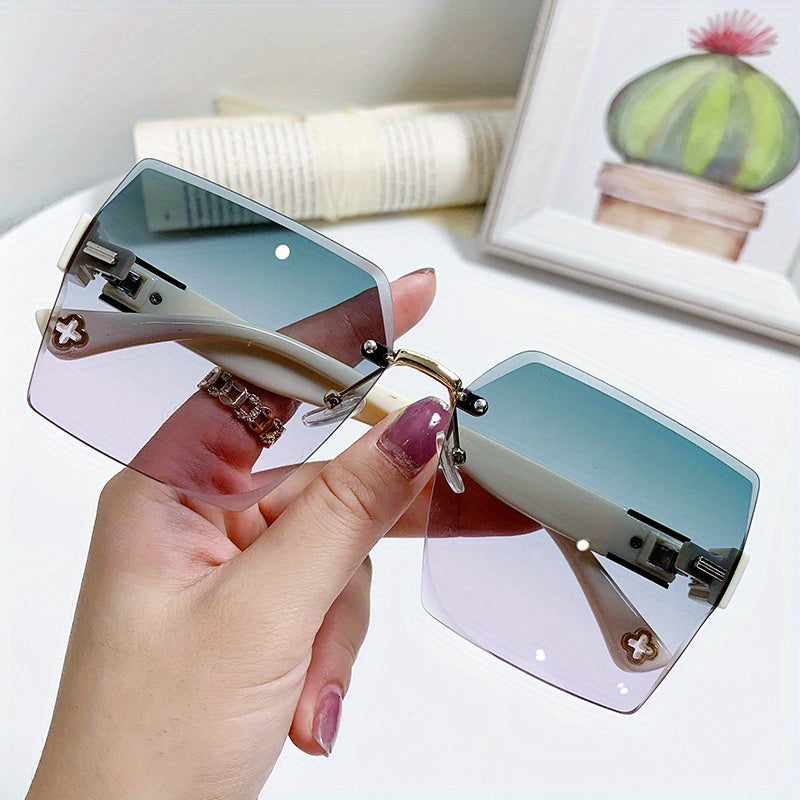 Rimless Square Fashion For Women Men Gradient Lens Cut Edge Glasses Metal Flower Decor Hollow Temple Eyewear