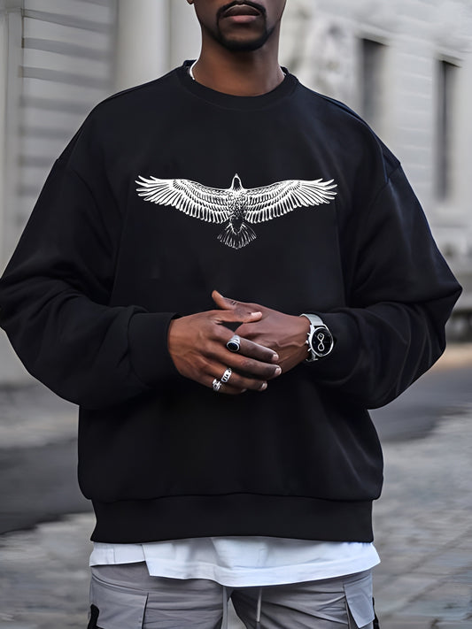 Big Eagle Print Men's Crew Neck Long Sleeve Sweatshirt, Casual Wear, Men's Clothing