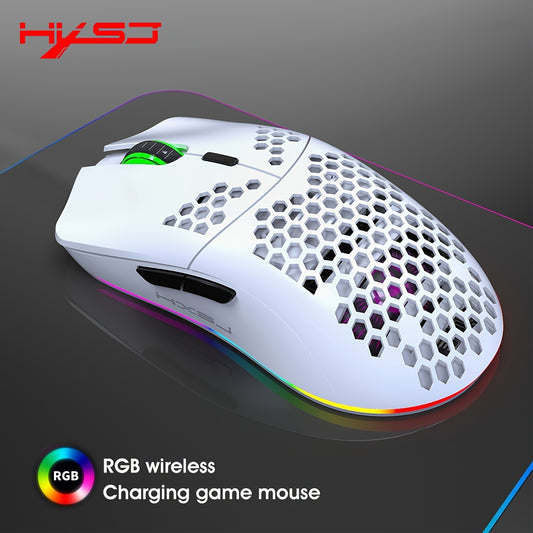 [Wireless Gaming] HXSJ 2.4G Wireless Gaming Mouse | Right-Handed | RGB Lighting, Rechargeable, Honeycomb Design | Gaming | Right-Handed Comfort | White