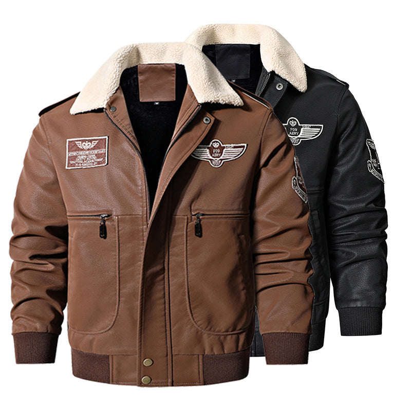 Men's Vintage Bomber Jacket - Motorcycle Flight Coat with Fleece Lining, Brown Military Style Winter Outerwear, Patches, Zipper Closure, Slim Fit, Casual Retro Look, Cold Weather Gear | Military Style Jacket | Ribbed Cuffs Ja