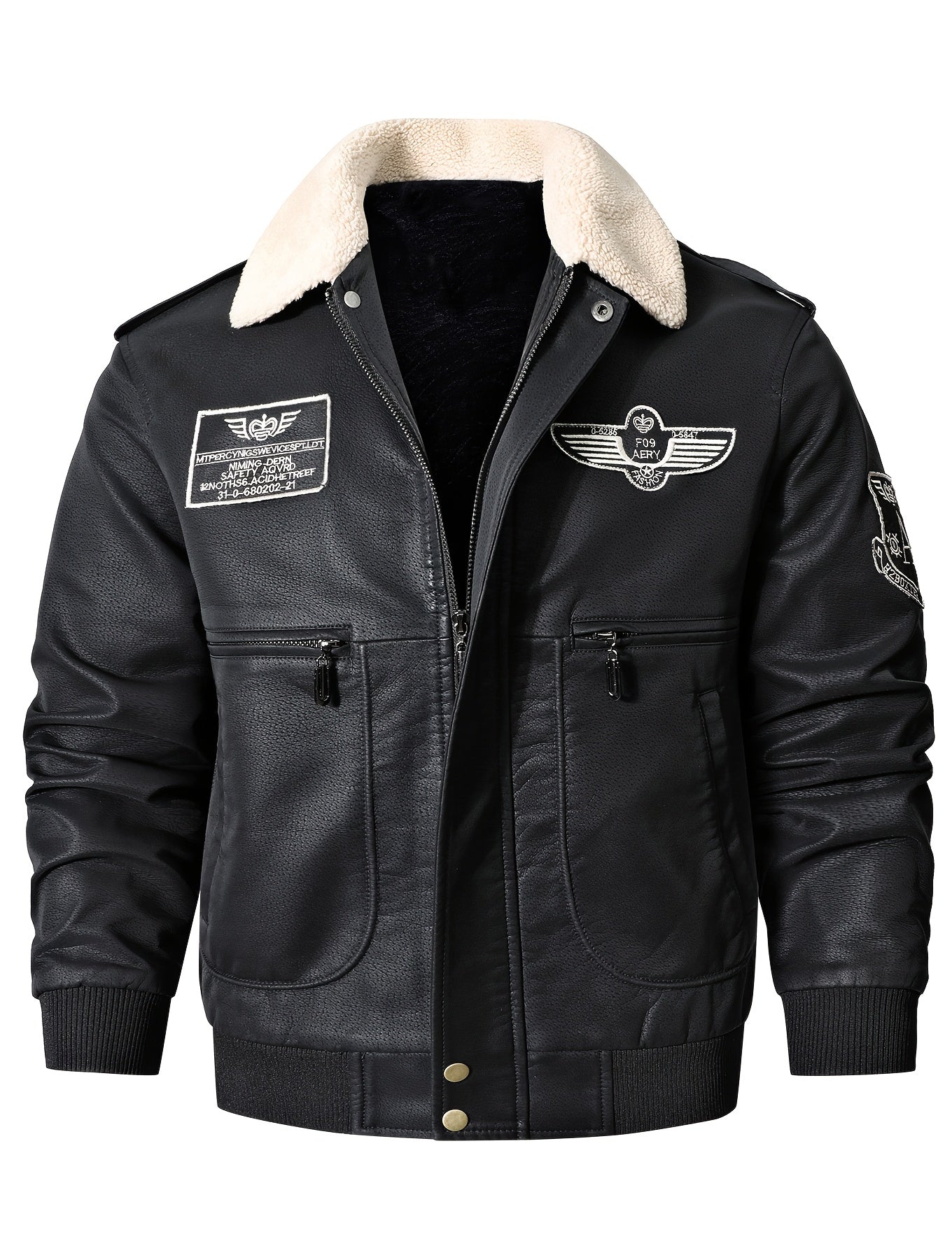 Men's Vintage Bomber Jacket - Motorcycle Flight Coat with Fleece Lining, Brown Military Style Winter Outerwear, Patches, Zipper Closure, Slim Fit, Casual Retro Look, Cold Weather Gear | Military Style Jacket | Ribbed Cuffs Ja