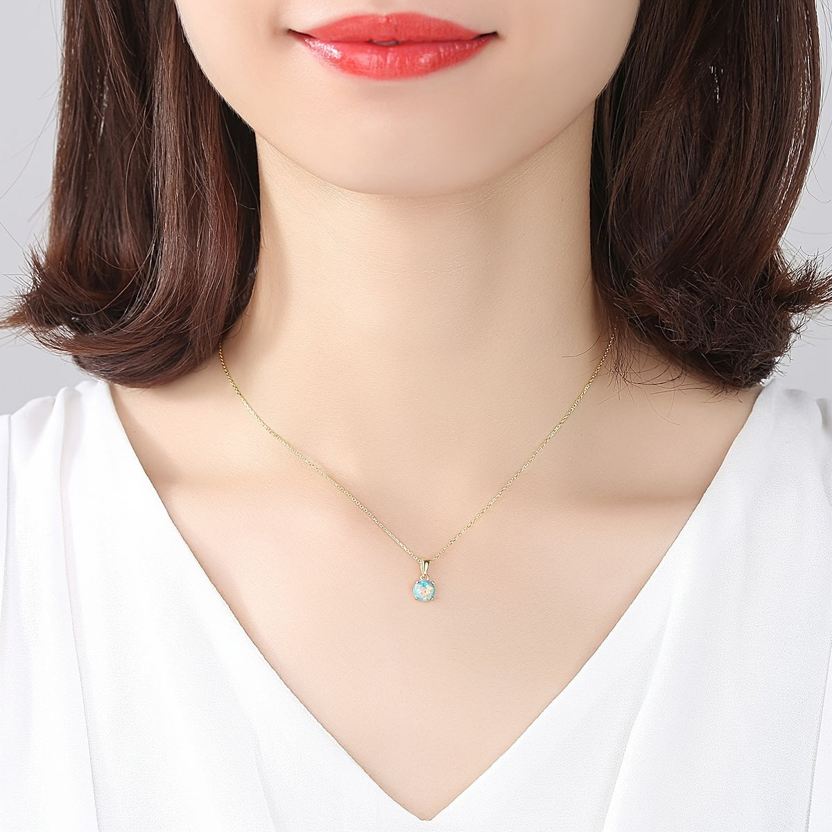 925 Sterling Silvery Synthetic Opal Pendant Necklace for Women, Elegant/Sexy Style, Golden Chain Jewelry Accessory