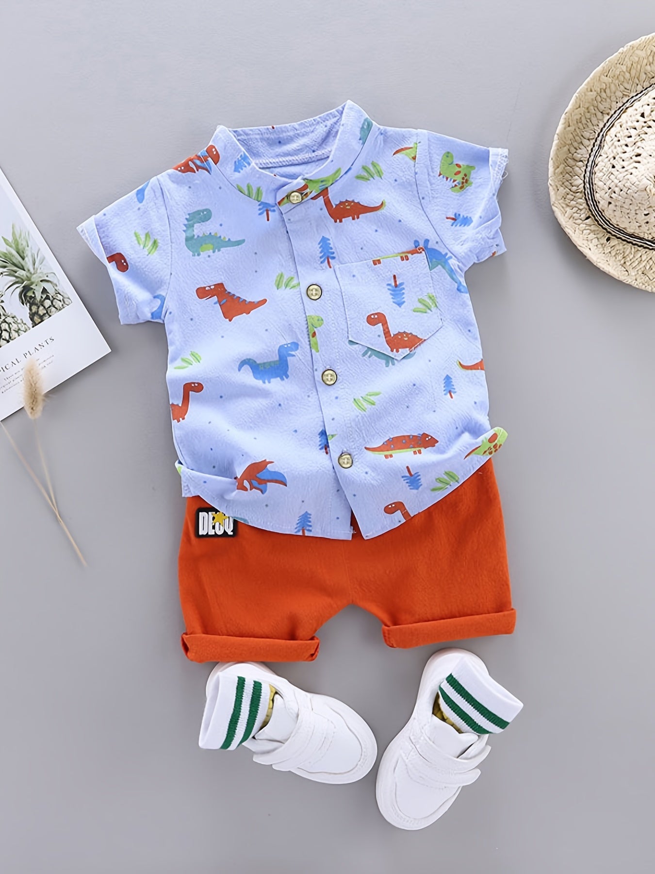 2pcs Toddler Dinosaur Print Short Sleeve Shirt & Shorts Set - Boys Summer Clothes, Elastic Waist, Button Front, Short Sets