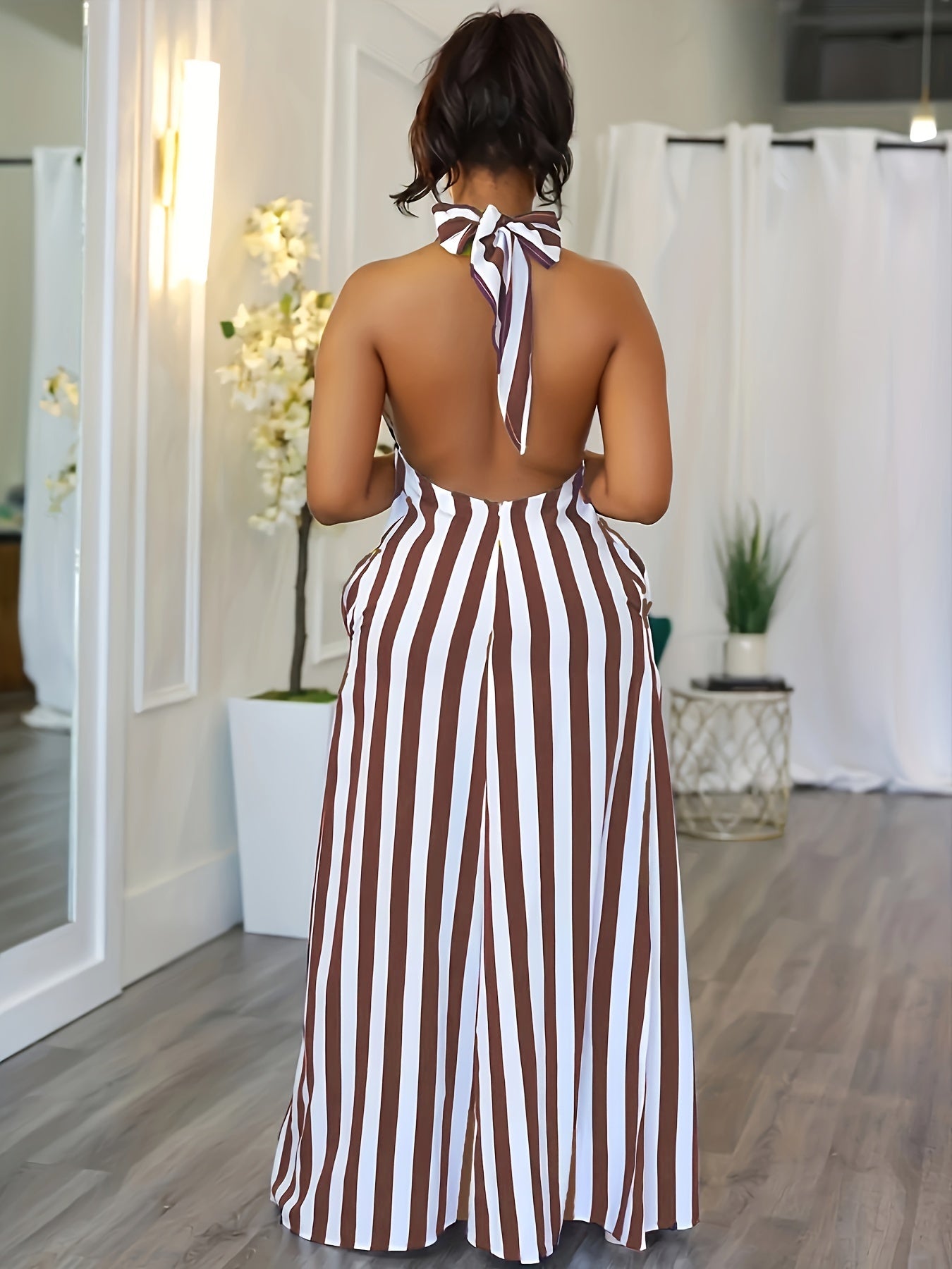 Vibrant Striped Halter Dress - Flattering V-Neck, Daring Backless Design, Chic Halter Neck Style, Perfect for Warm Weather - Womens Fashion Apparel, Stylish Clothing for Ladies, Spring and Summer Essential
