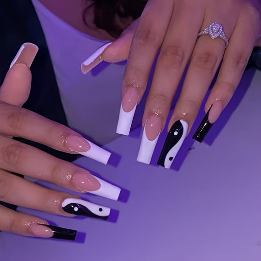 Long Ballerina Press On Nails With Tai Chi Designs, Nude White Coffin Fake Nails, Glossy False Nails For Women And Girls, 24 Pcs