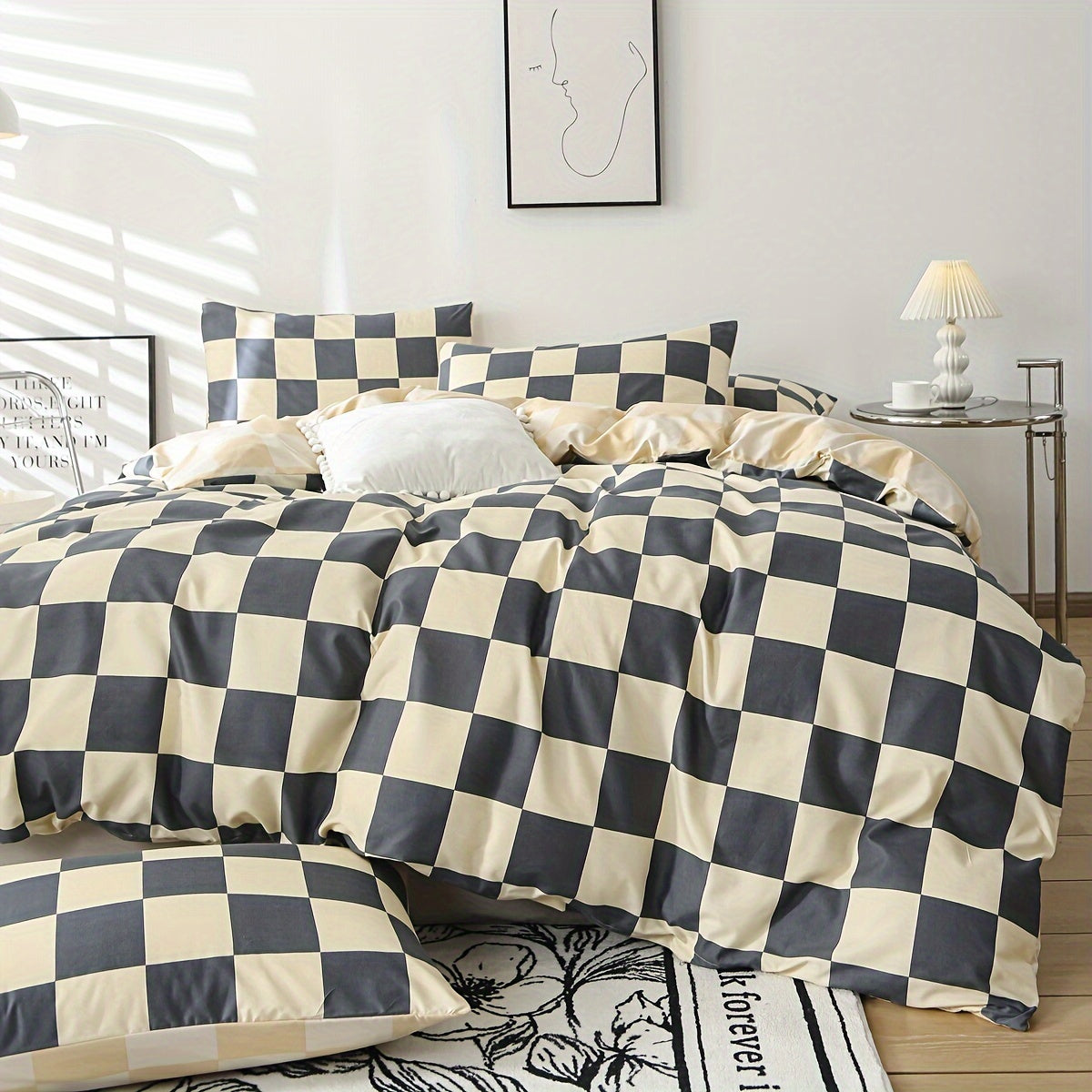 3pcs Checkered Duvet Cover Set, Bedding Set For Bedroom, Guest Room (1*Duvet Cover + 2*Pillowcases, Without Core)