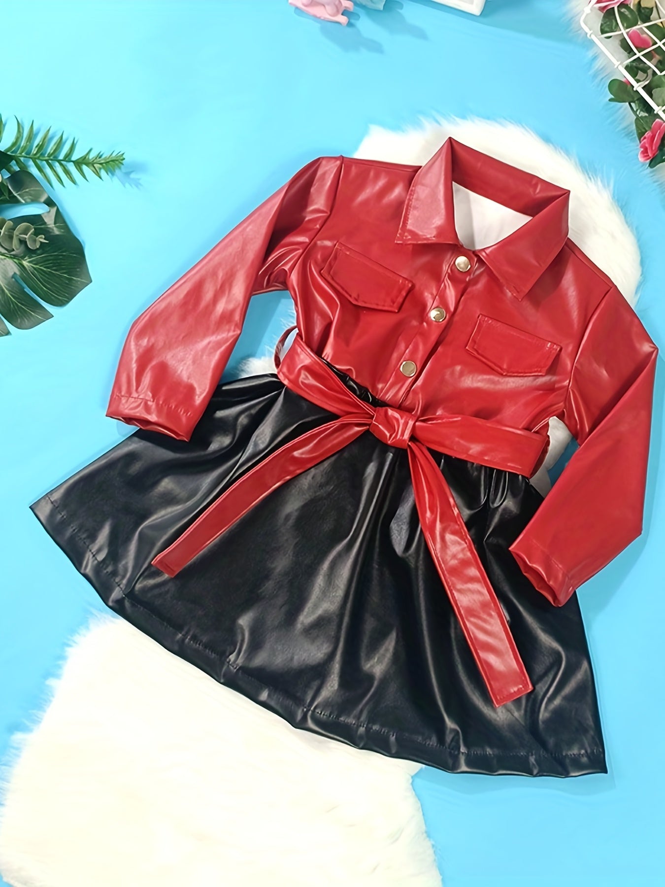 Vibrant Color Block PU Leather Dress for Girls - Stylish Button Lapel Design, Adjustable Belt, and Comfortable Fit for Kids' Everyday Wear