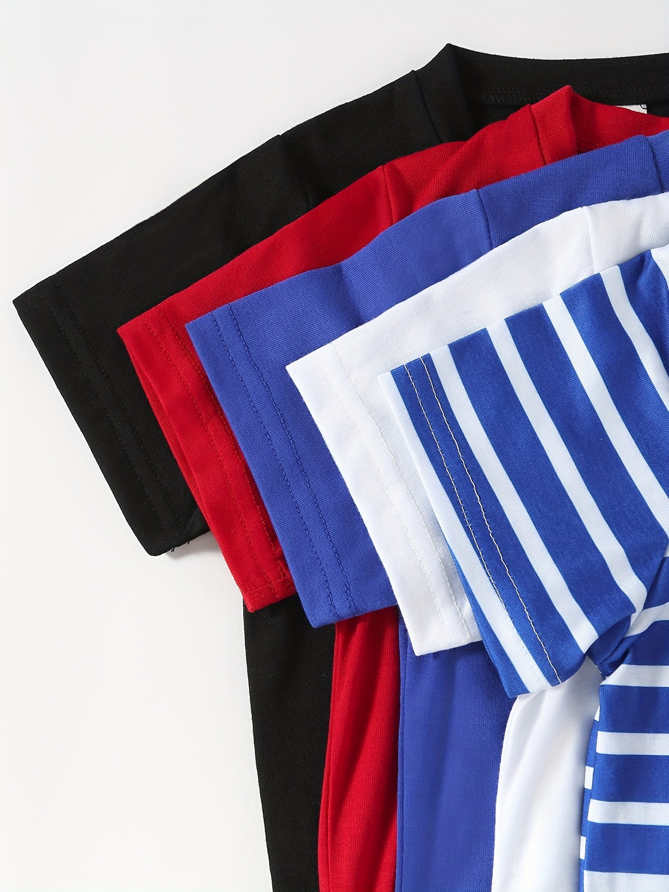 [Soft | Comfortable] 5pcs Soft & Comfortable Solid Color & Striped Round Neck T-shirt Tees Tops | Casual Boys And Girls Summer Clothes