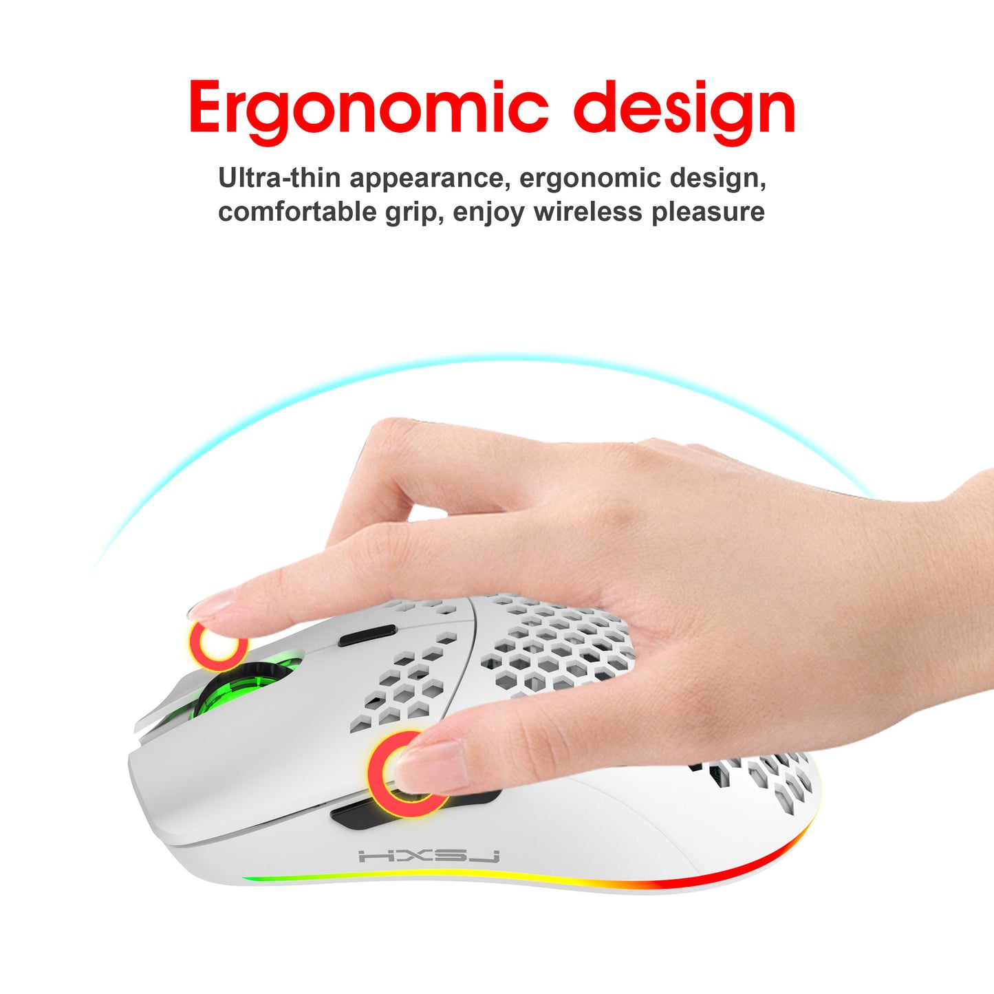 [Wireless Gaming] HXSJ 2.4G Wireless Gaming Mouse | Right-Handed | RGB Lighting, Rechargeable, Honeycomb Design | Gaming | Right-Handed Comfort | White