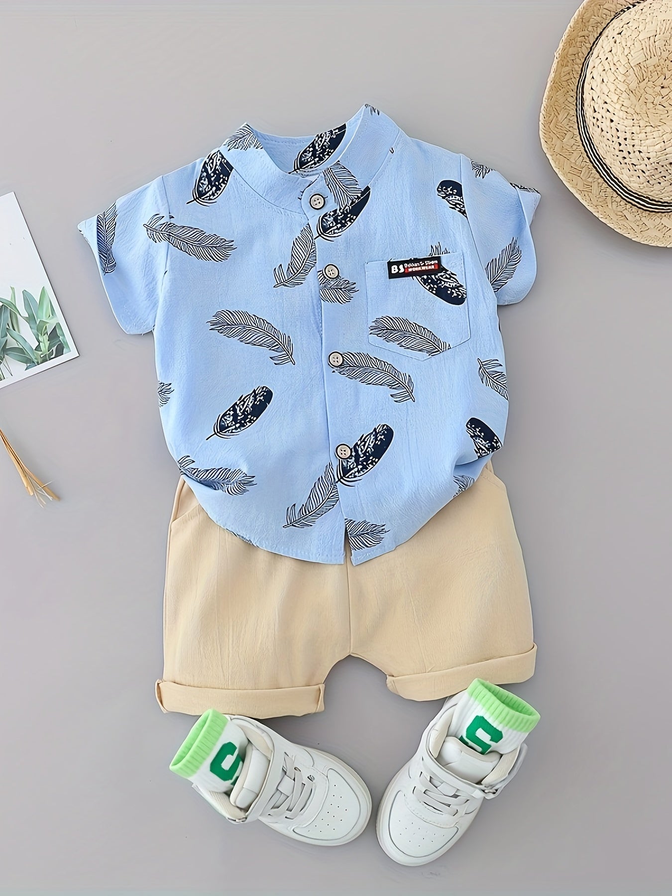 2pcs Baby Boys Casual Feather Pattern Short Sleeve Shirt & Shorts Set Clothes Outdoor Set