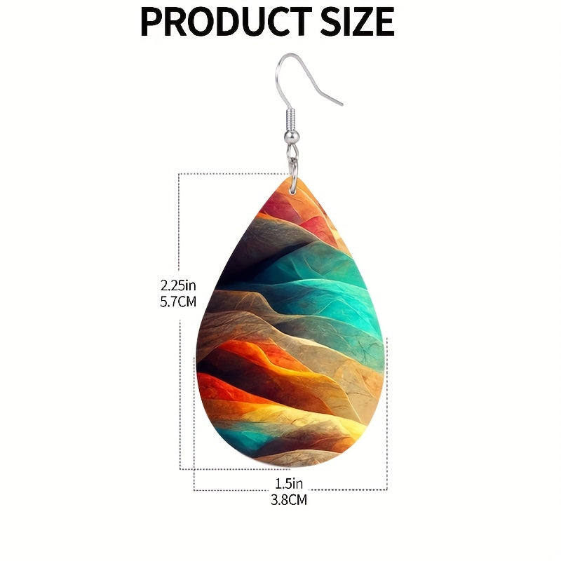 Colorful Mountain Print Teardrop Dangle Earrings Elegant Bohemian Style PU Leather Jewelry Daily Casual