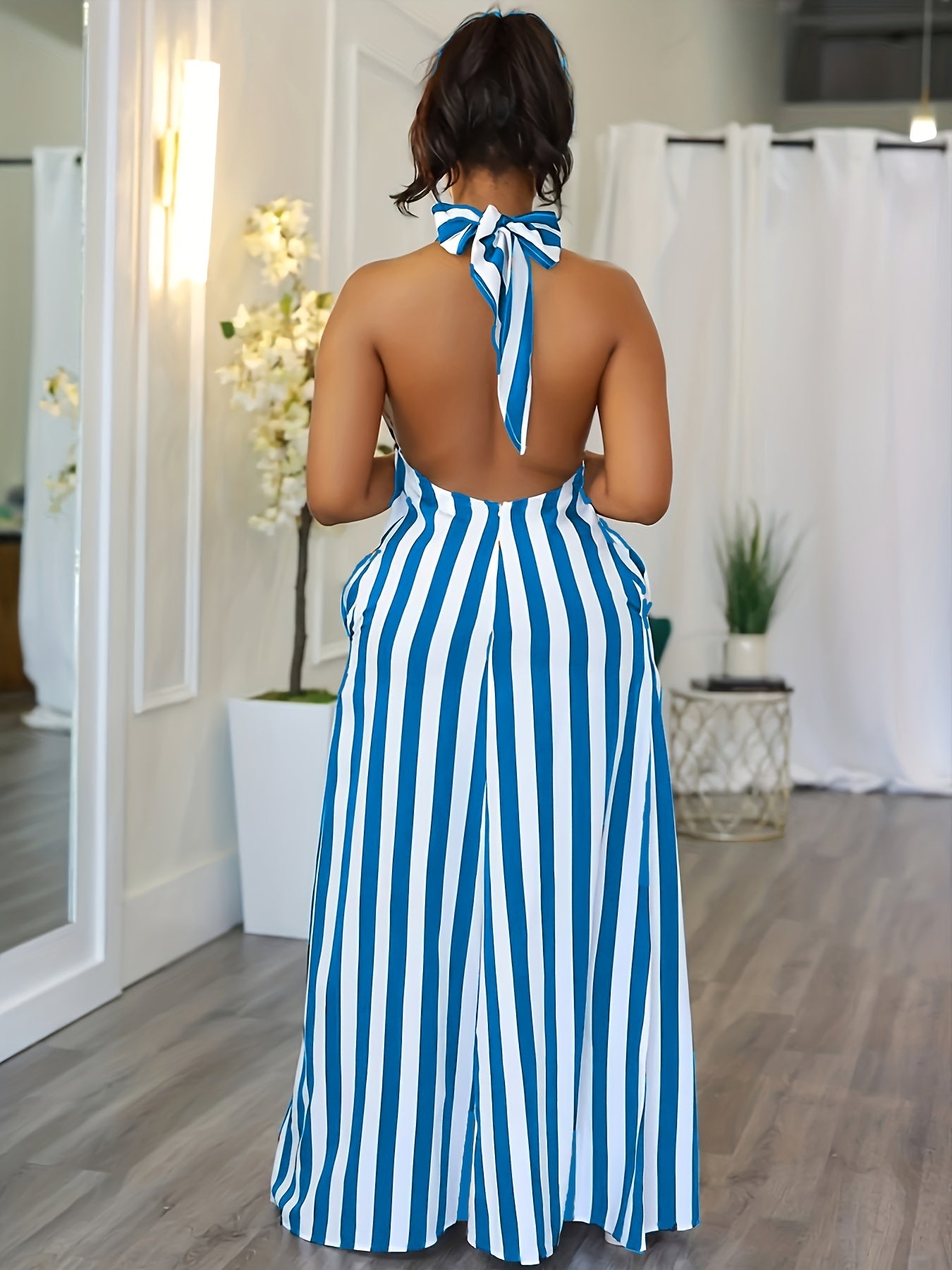 Vibrant Striped Halter Dress - Flattering V-Neck, Daring Backless Design, Chic Halter Neck Style, Perfect for Warm Weather - Womens Fashion Apparel, Stylish Clothing for Ladies, Spring and Summer Essential