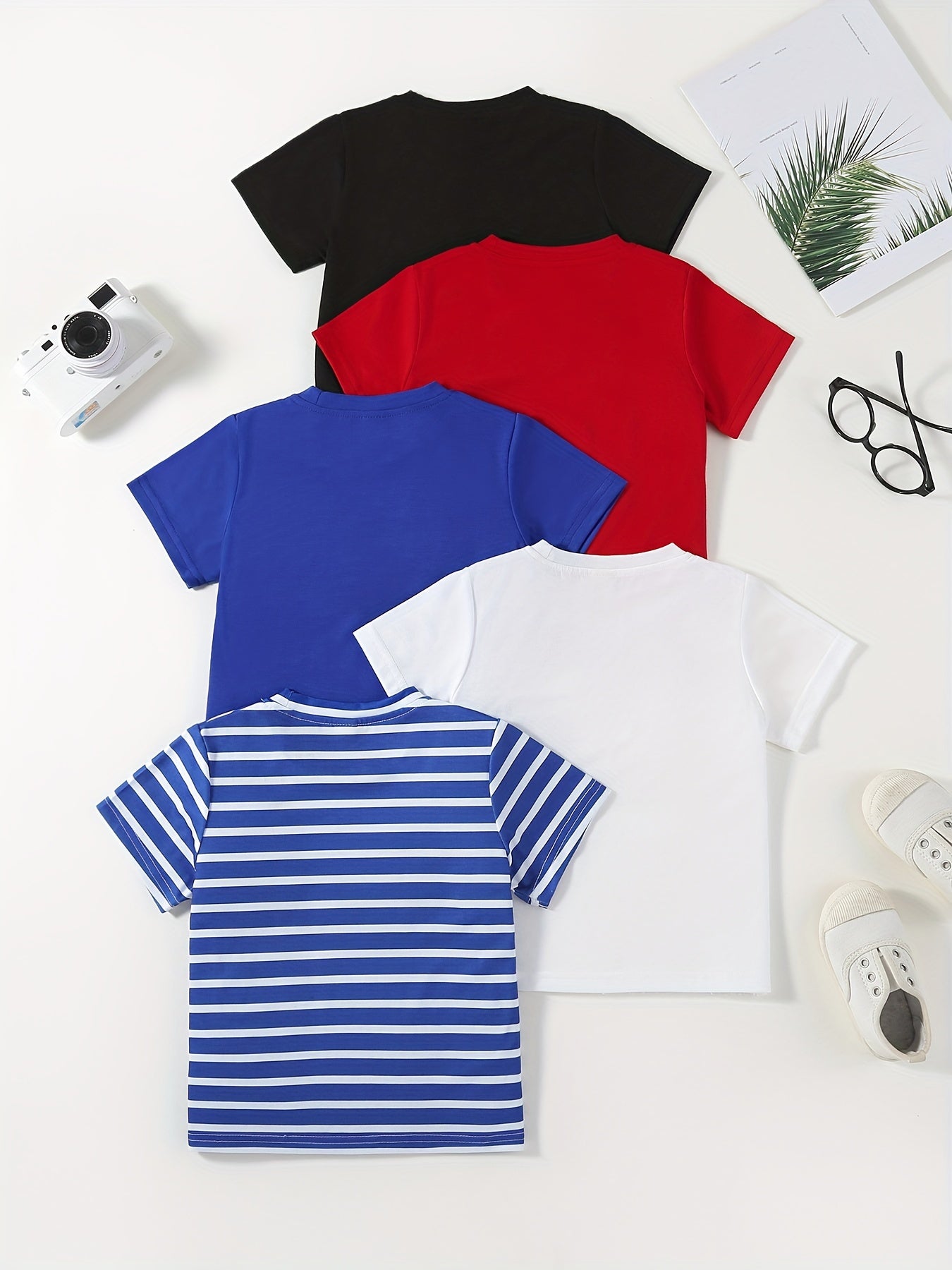 [Soft | Comfortable] 5pcs Soft & Comfortable Solid Color & Striped Round Neck T-shirt Tees Tops | Casual Boys And Girls Summer Clothes
