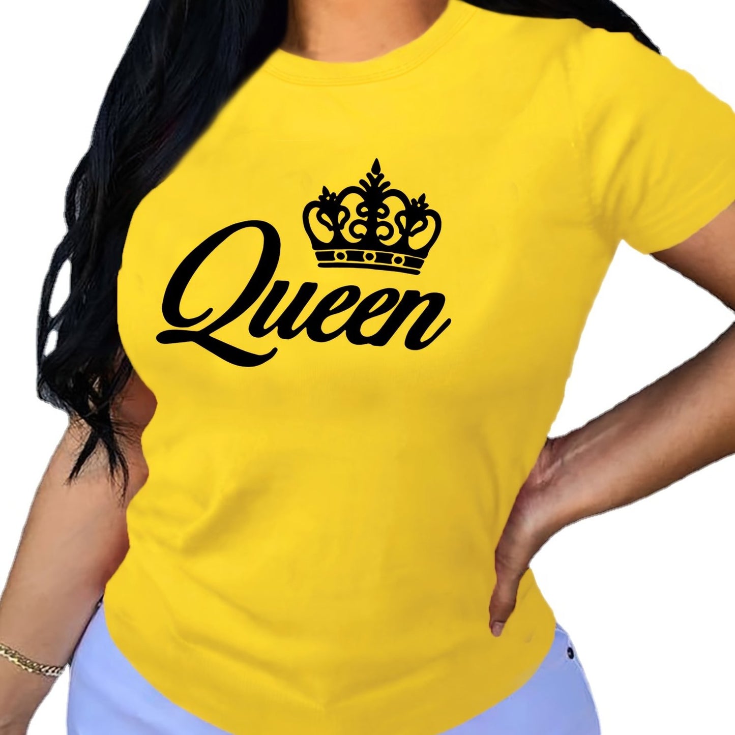 Crown Letter Print Crew Neck T-Shirt, Casual Short Sleeve T-Shirt For Spring & Summer, Women's Clothing