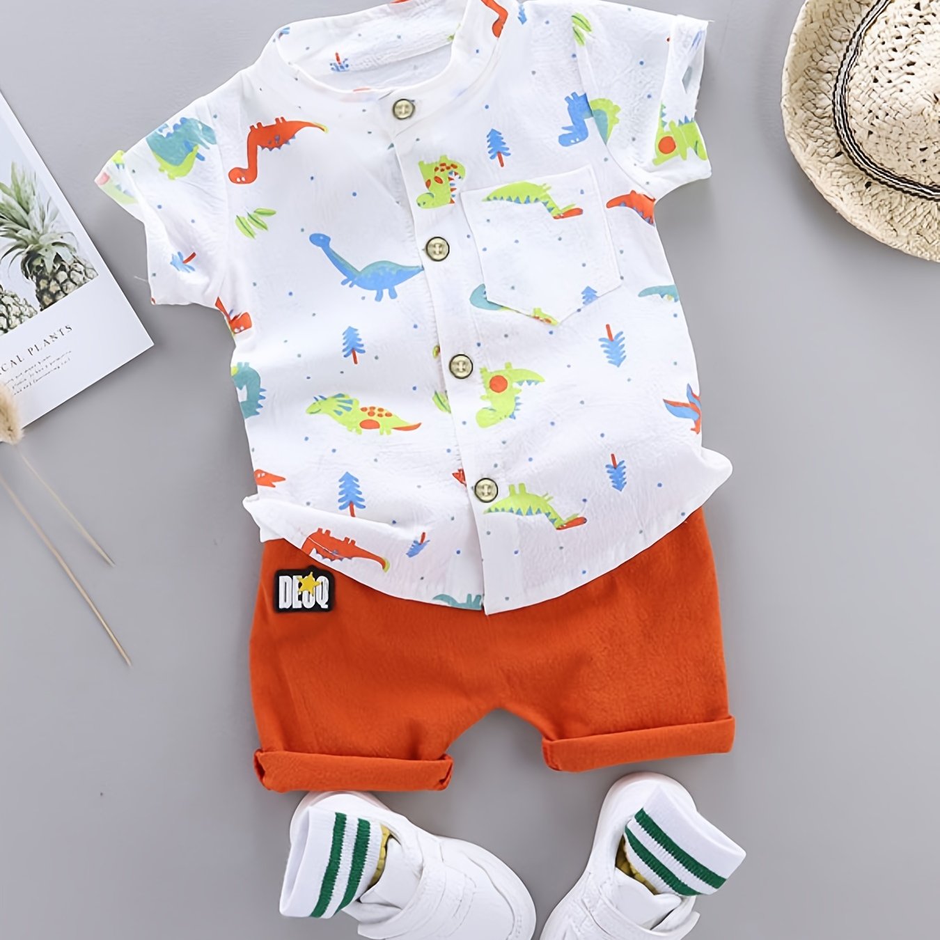 2pcs Toddler Dinosaur Print Short Sleeve Shirt & Shorts Set - Boys Summer Clothes, Elastic Waist, Button Front, Short Sets