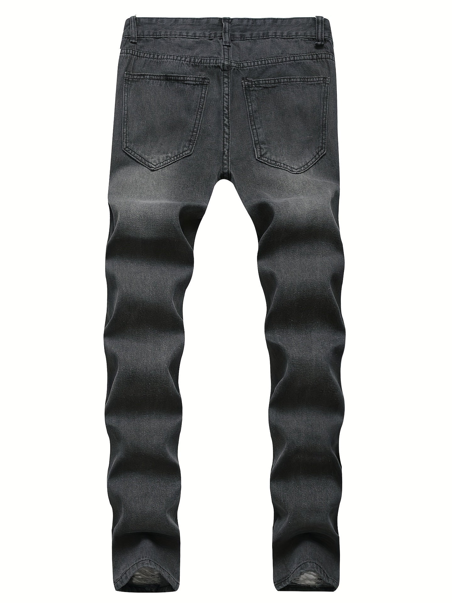 Men's Hip-Hop Style Slim Fit Stretch Denim Jeans with Distressed Details, Ripped Badge Accents - Mid-Rise, Raw Hem, Machine Washable, Grey