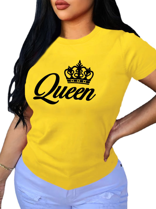 Crown Letter Print Crew Neck T-Shirt, Casual Short Sleeve T-Shirt For Spring & Summer, Women's Clothing