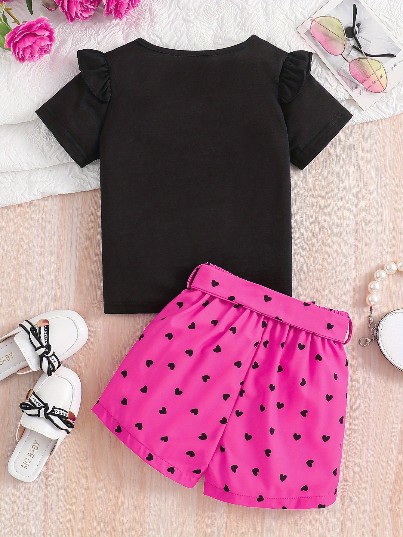 Summer Casual Round Neck Short Sleeve Printed Cat Pattern and Heart-Print Shor, Summer Outfit, Fashion, Cute Design, Playful Pattern, Soft Texture, Durable Clothing, 's Apparel, Little, 's Wear, Perfect for Outdoor