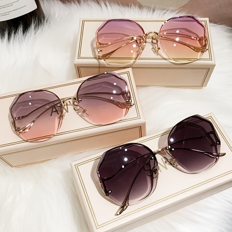 Irregular Round Women Designer Gradient Fashion  Female Rimless Metal Curved Temples fashion glasses
