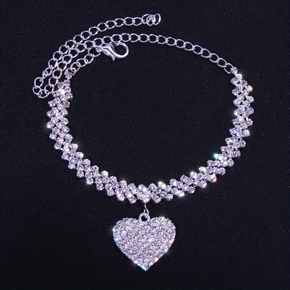 Rhombus Heart Anklet Set - Double Layer Rhinestone, Bling Bling Chain, Love Heart Pendant, Adjustable Ankle Bracelet, Fashion Jewelry for Women, Gift Idea, Perfect for Any Occasion